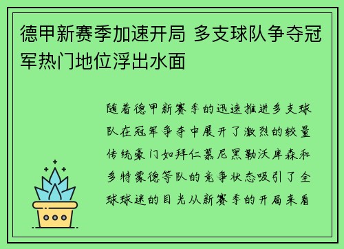 德甲新赛季加速开局 多支球队争夺冠军热门地位浮出水面
