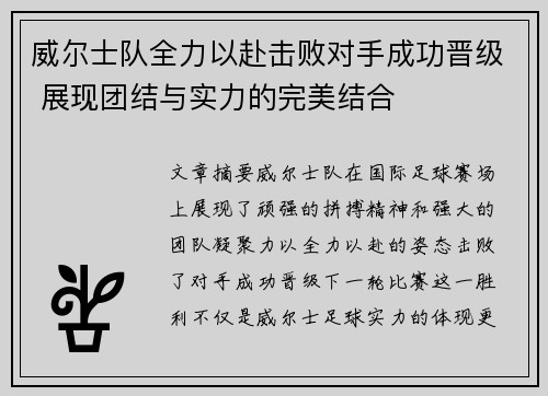 威尔士队全力以赴击败对手成功晋级 展现团结与实力的完美结合