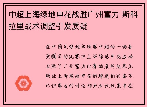 中超上海绿地申花战胜广州富力 斯科拉里战术调整引发质疑